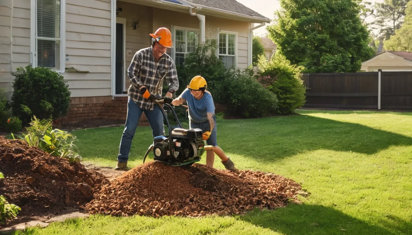 Provider grinding an old tree stump in a Greenville backyard while a family watches from the porch