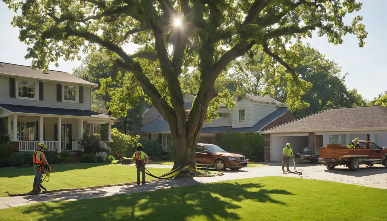 A local tree removal provider working on a large backyard tree near a house in Greenville